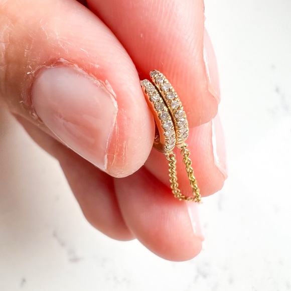 Double Piercing Diamond Huggie with Chain in 14K Yellow Gold - Picture 6 of 8